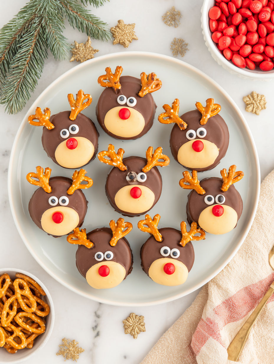 A plate of chocolate covered cookies shaped like reindeer.