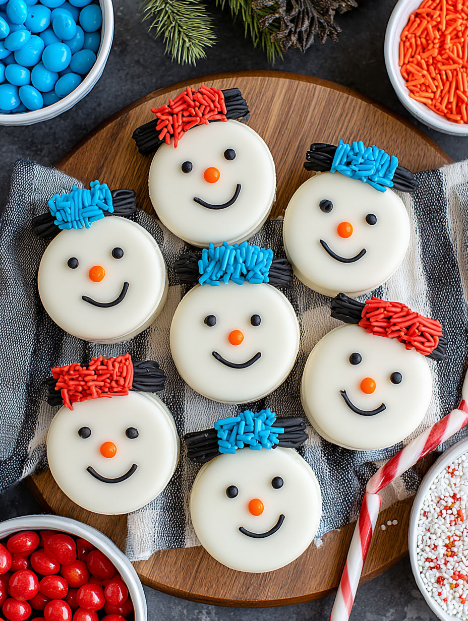 A plate of cookies with a snowman on them.