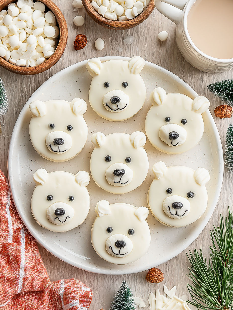A plate of white and brown cookies shaped like polar bears.