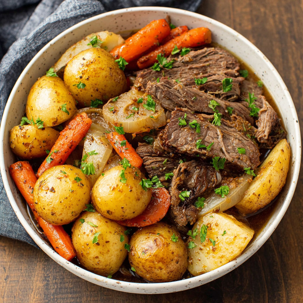 A bowl of beef and vegetables.