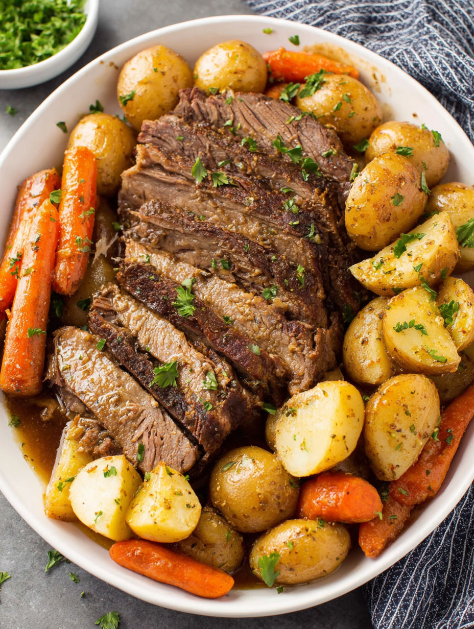 A slow cooker pot roast with potatoes and carrots.