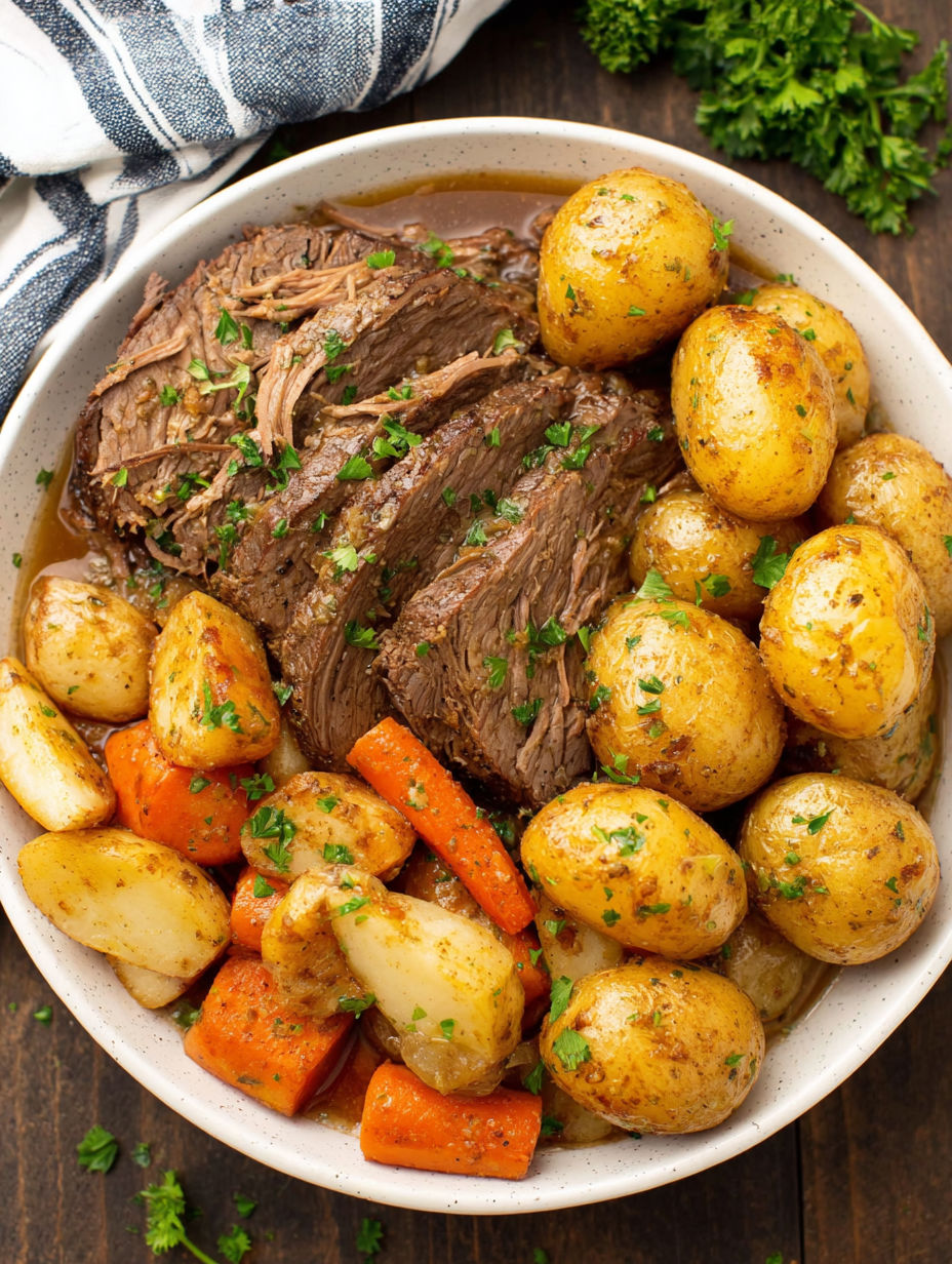A slow cooker pot roast with potatoes and carrots.