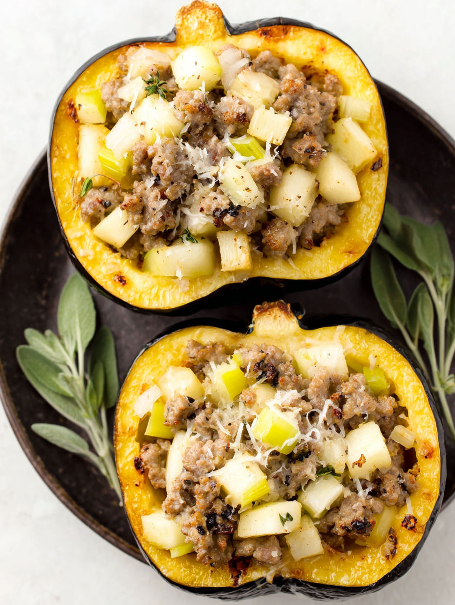 A stuffed acorn squash with sausage and cheese.
