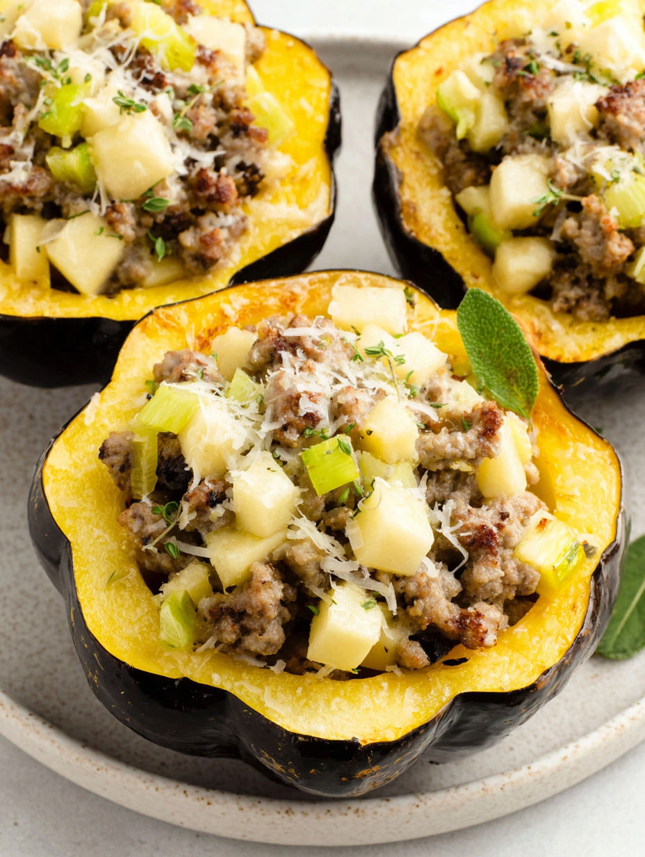Sausage stuffed acorn squash on a plate.
