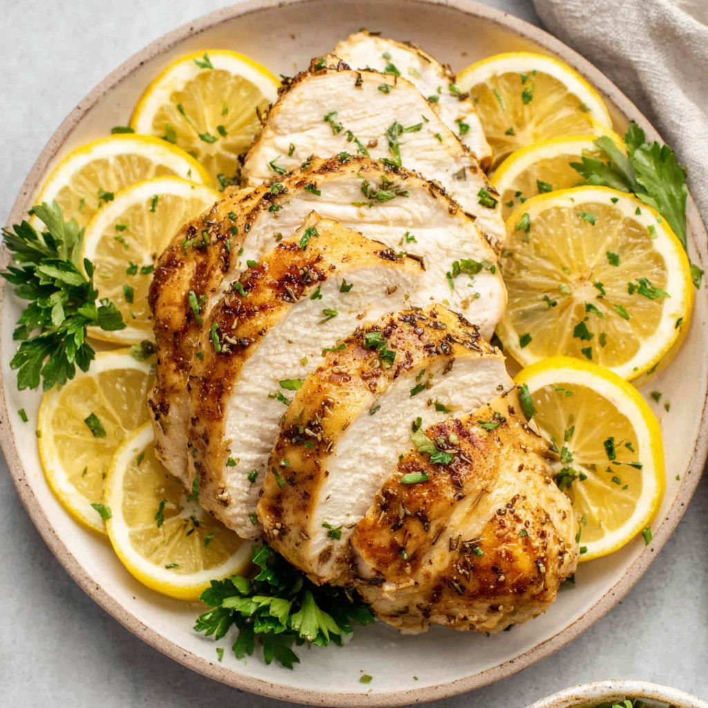 A plate of chicken with lemon slices on top.