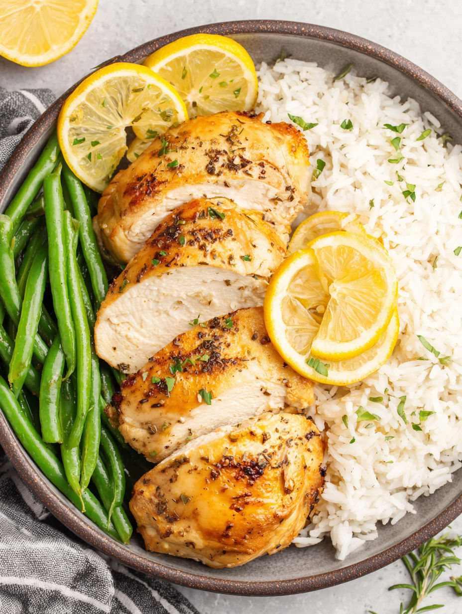 A plate of food with rice, chicken, green beans, and lemon wedges.