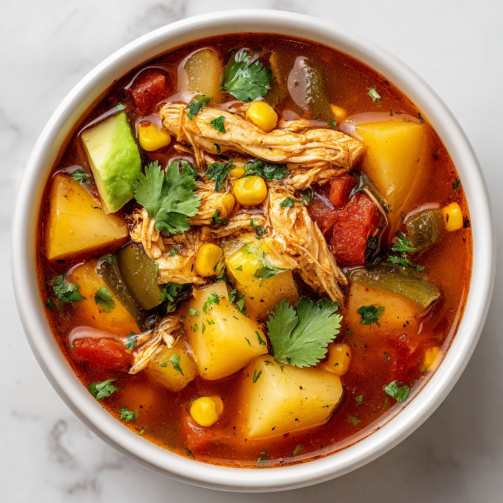 A bowl of soup with chicken, potatoes, and peppers.