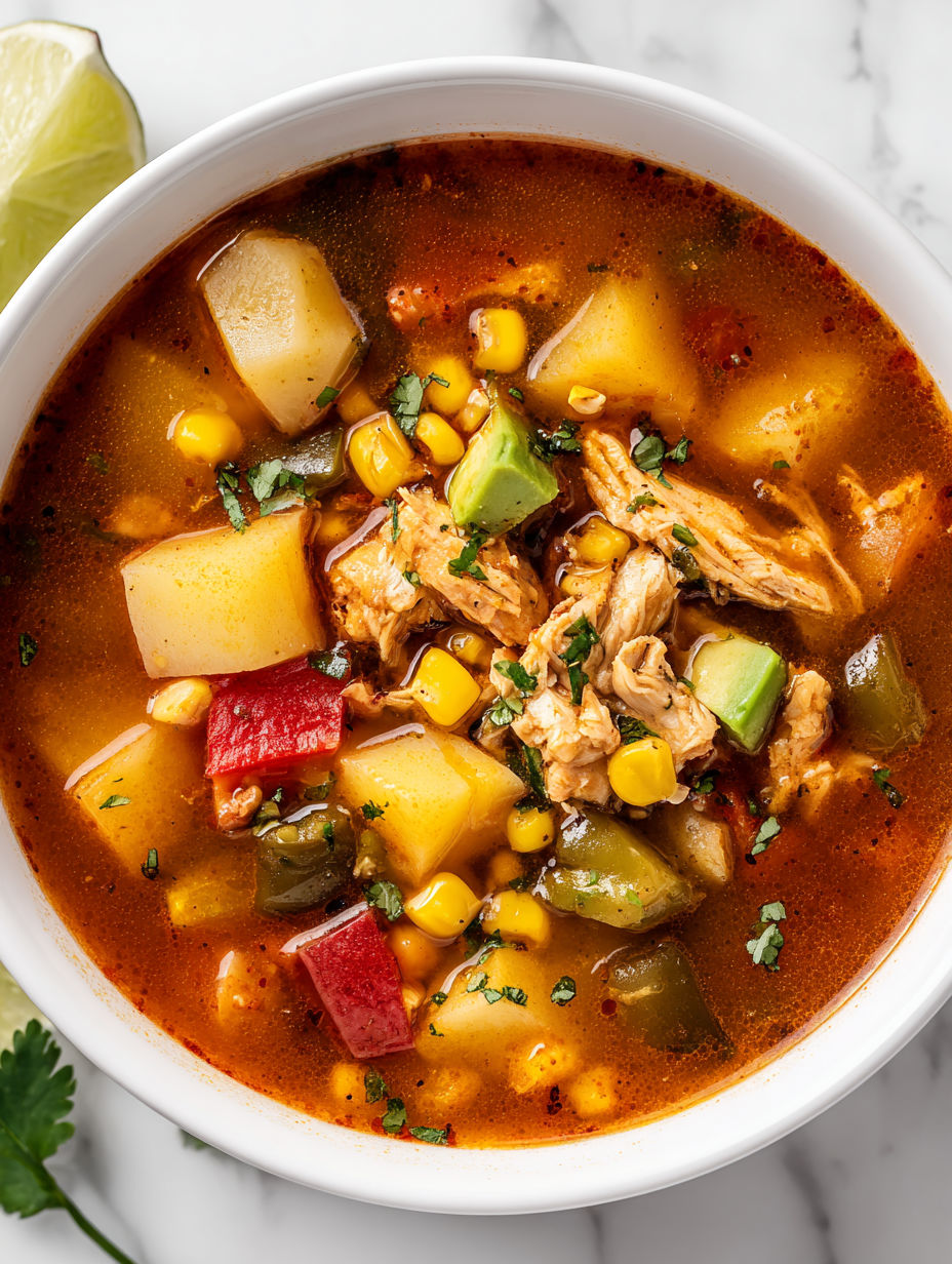 A bowl of soup with chicken, potatoes, corn, and avocado.