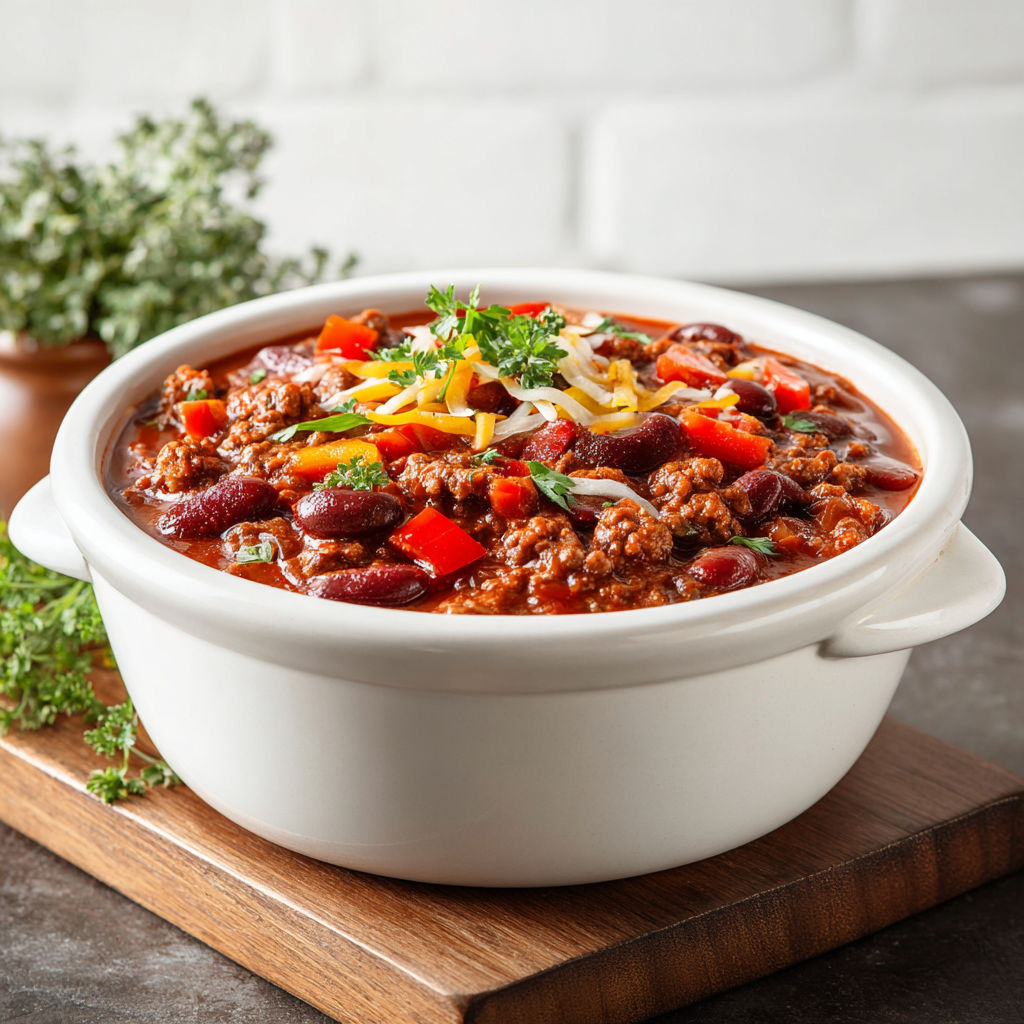 A white bowl filled with chili.