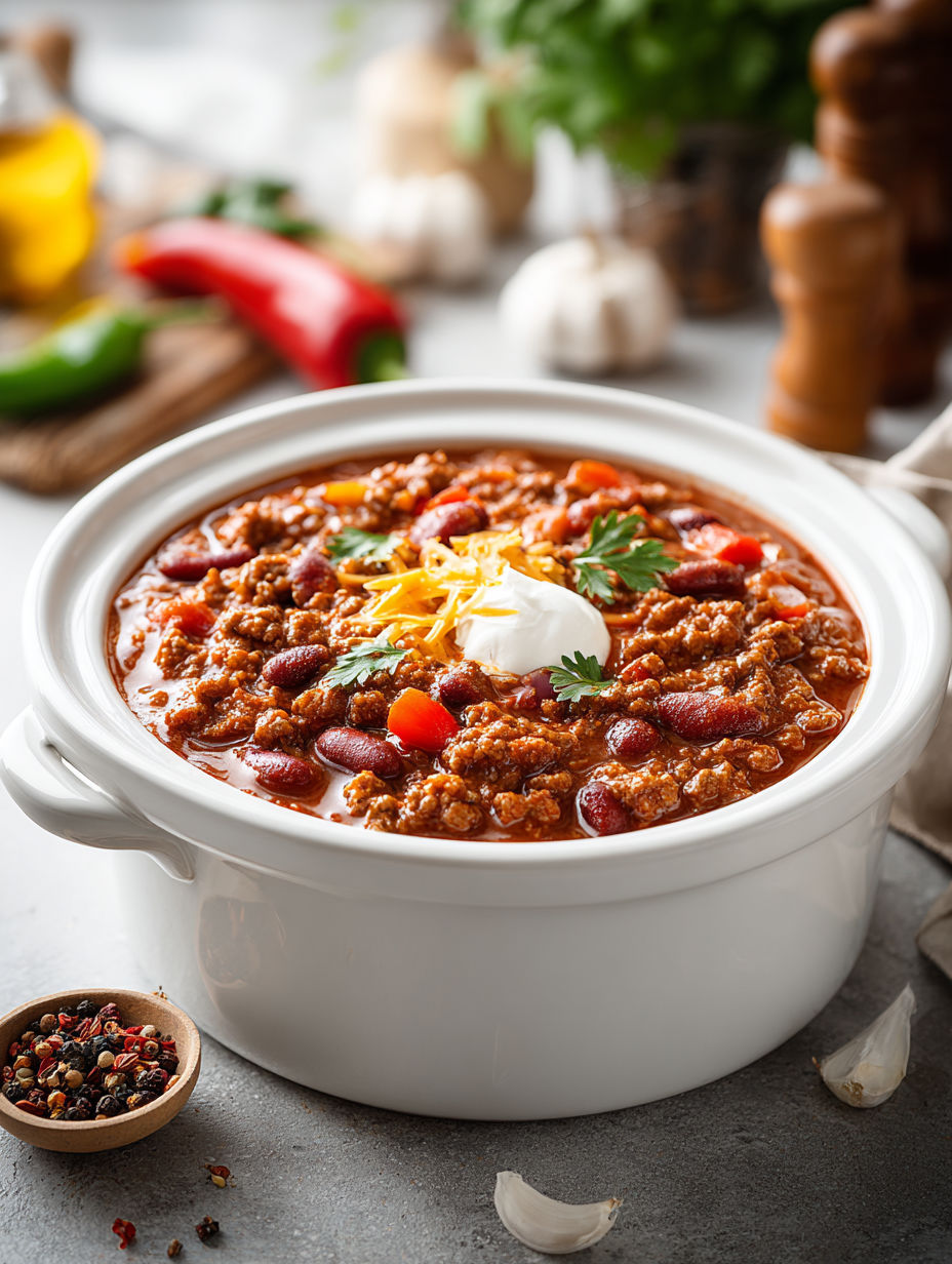 A slow cooker full of hearty chili.