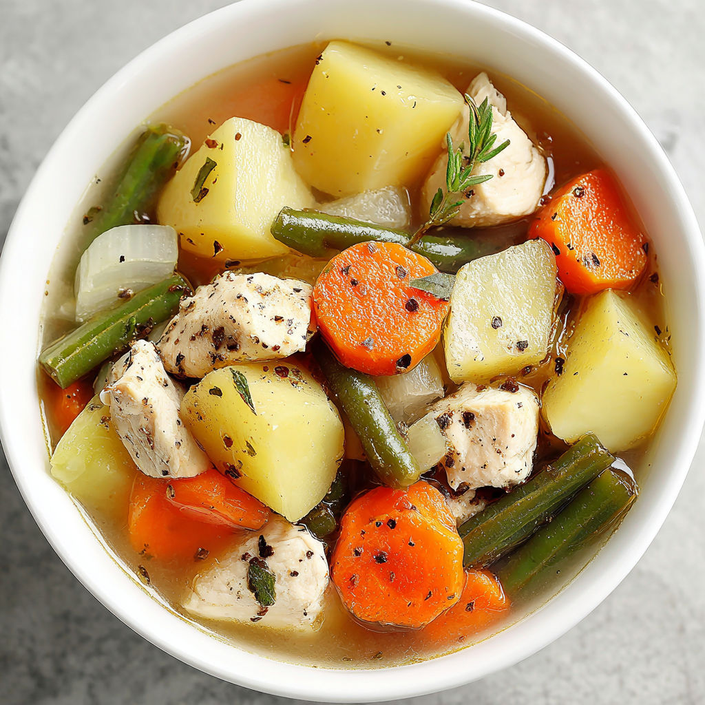 A bowl of chicken and vegetable stew.