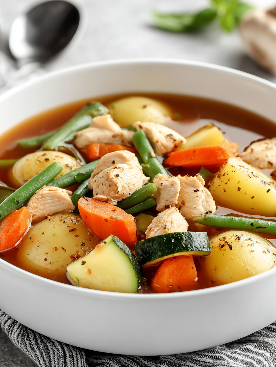 A bowl of chicken and vegetable stew.