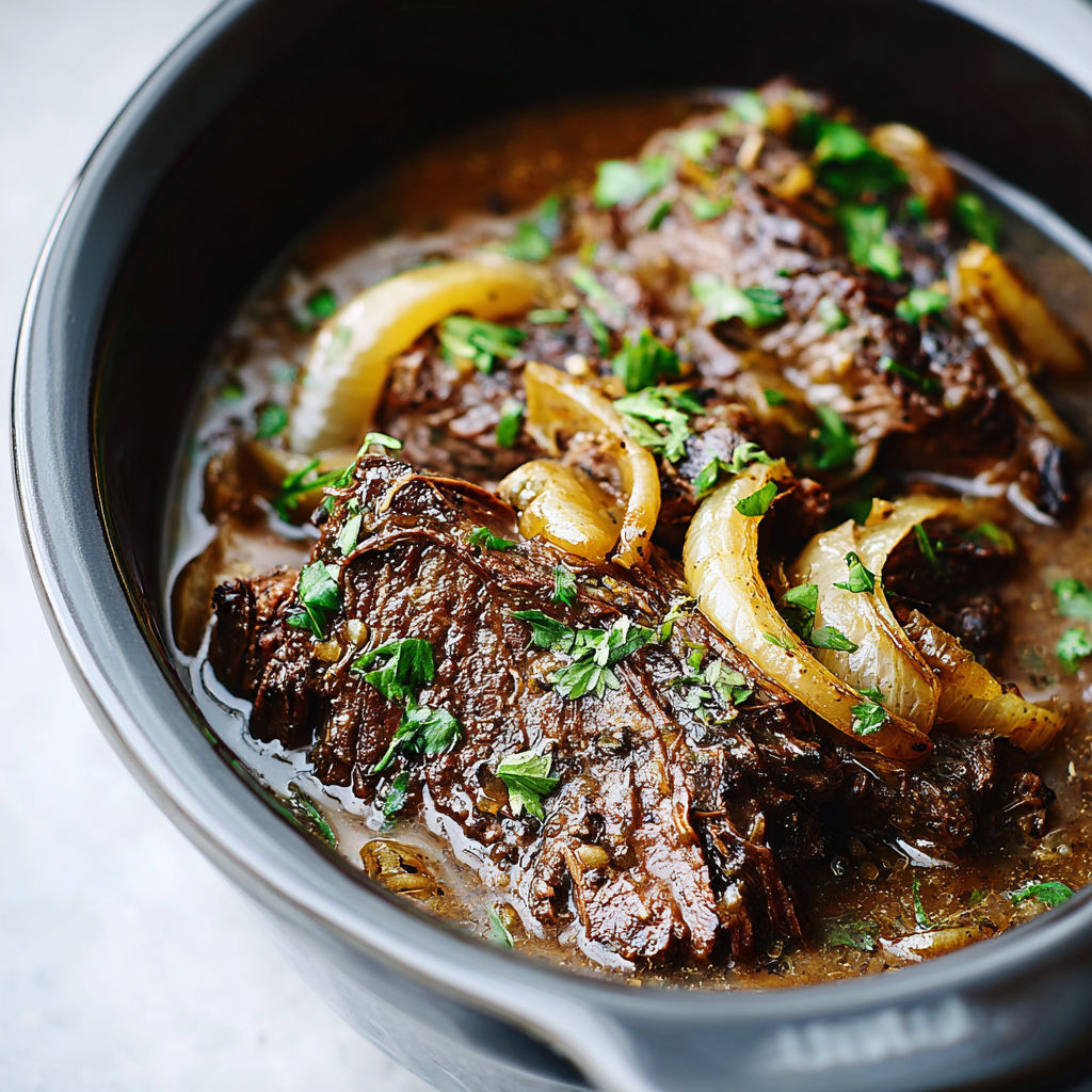 A crockpot filled with French onion pot roast.