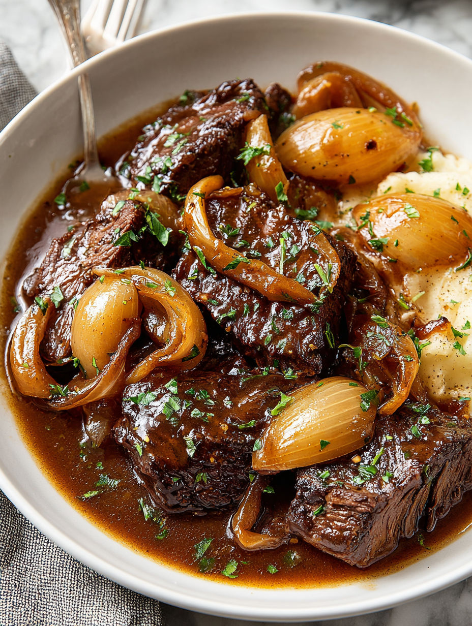 A close up of a delicious crockpot French Onion Pot Roast.
