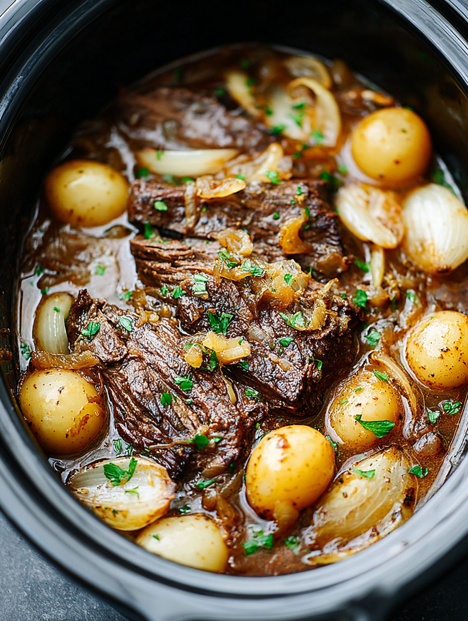 A crockpot filled with French onion pot roast.