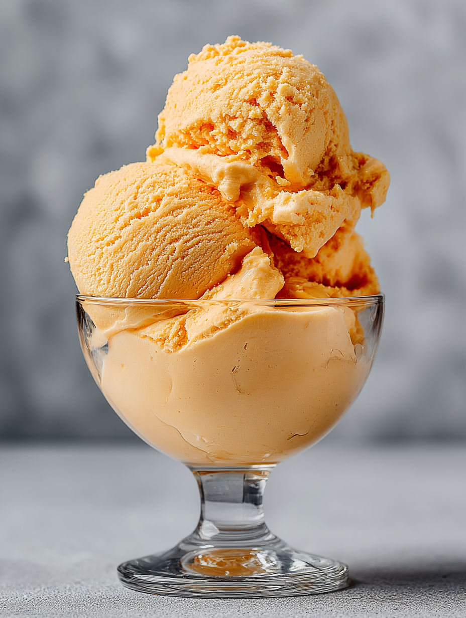 A glass bowl filled with orange ice cream.