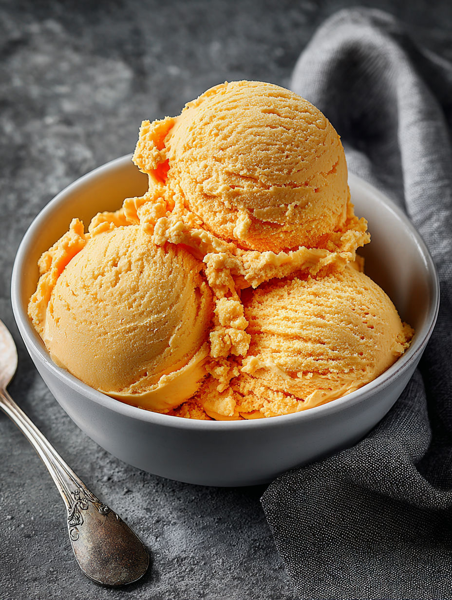A bowl of ice cream with a spoon in it.