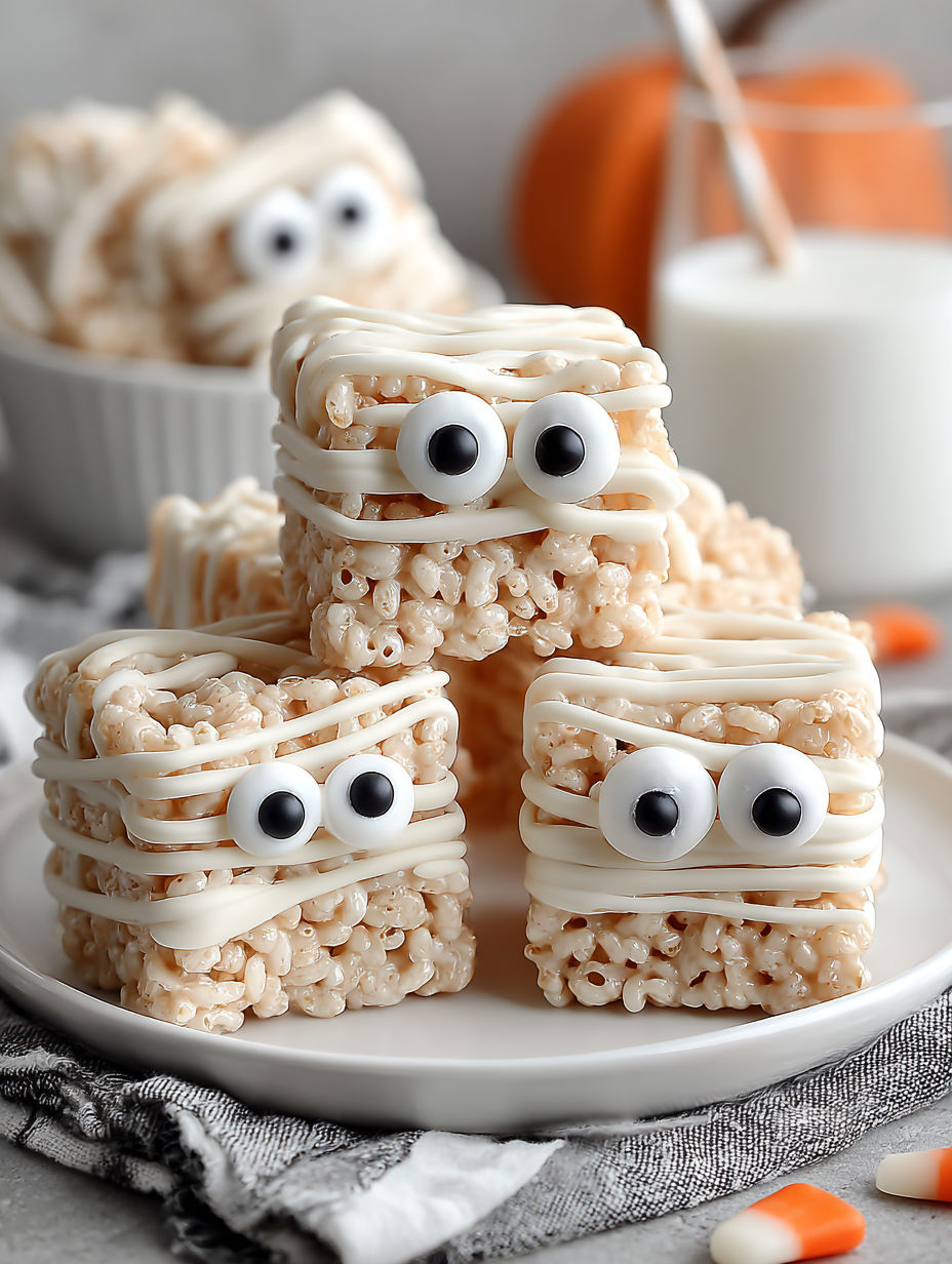 A plate of rice krispie treats with eyes and mouths on them.