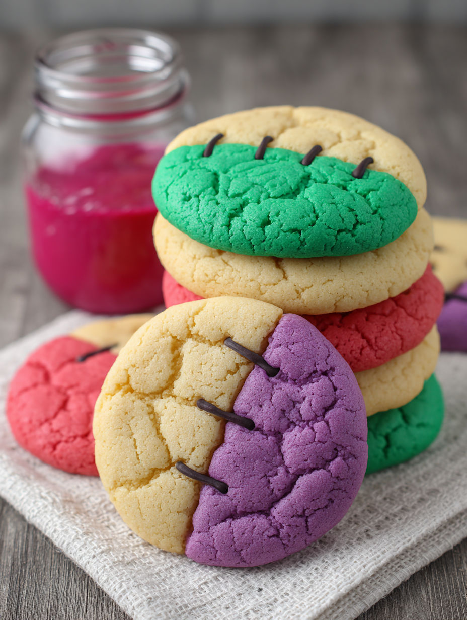 Stitched sugar cookies stacked on a table.