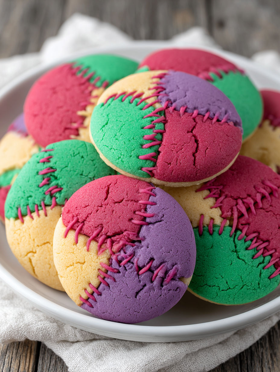 A plate of colorful stitched sugar cookies.