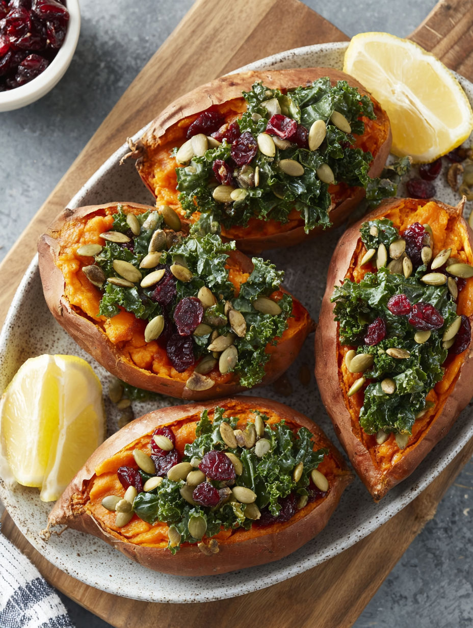 Sweet potatoes with pumpkin seeds and kale.