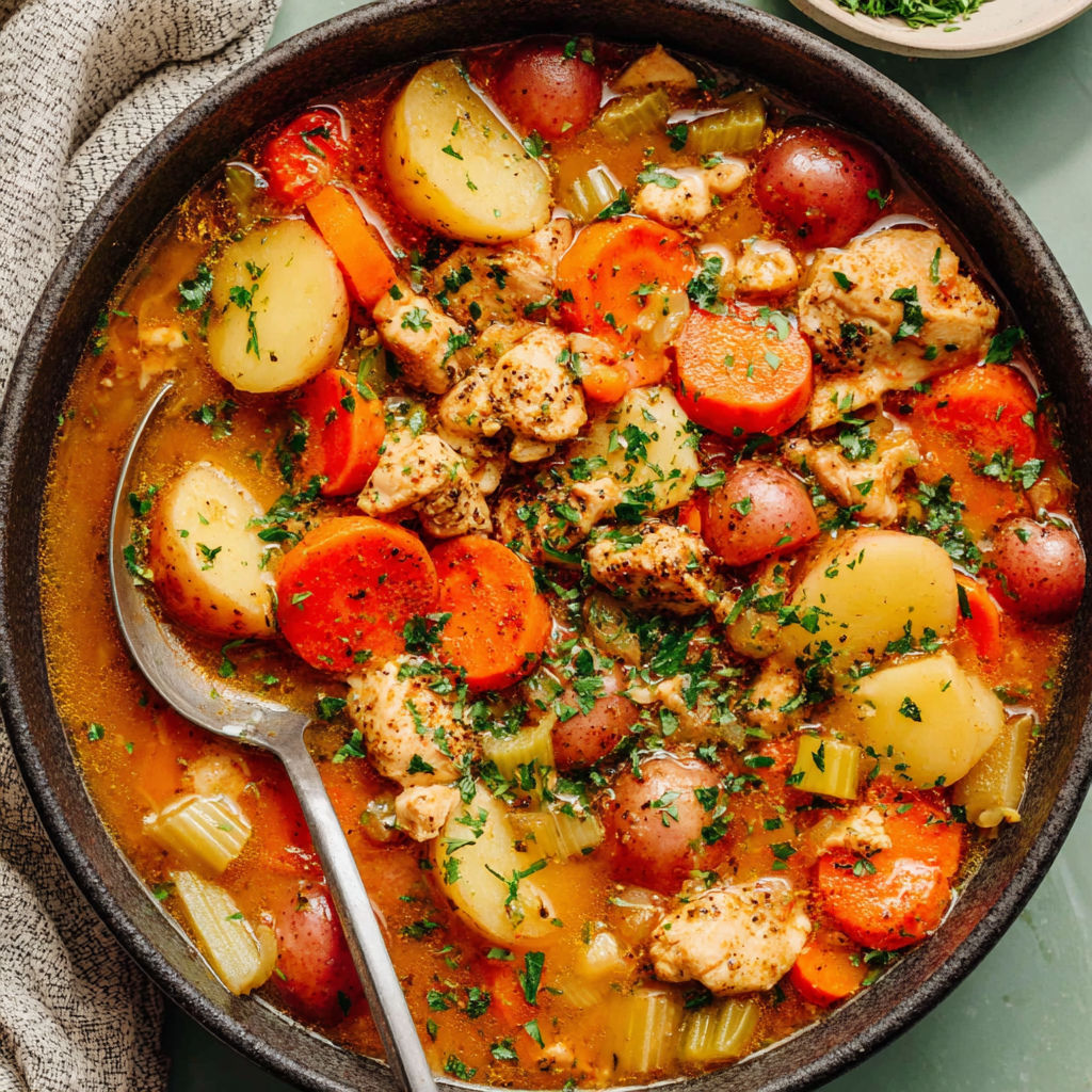 A bowl of chicken stew with carrots and potatoes.