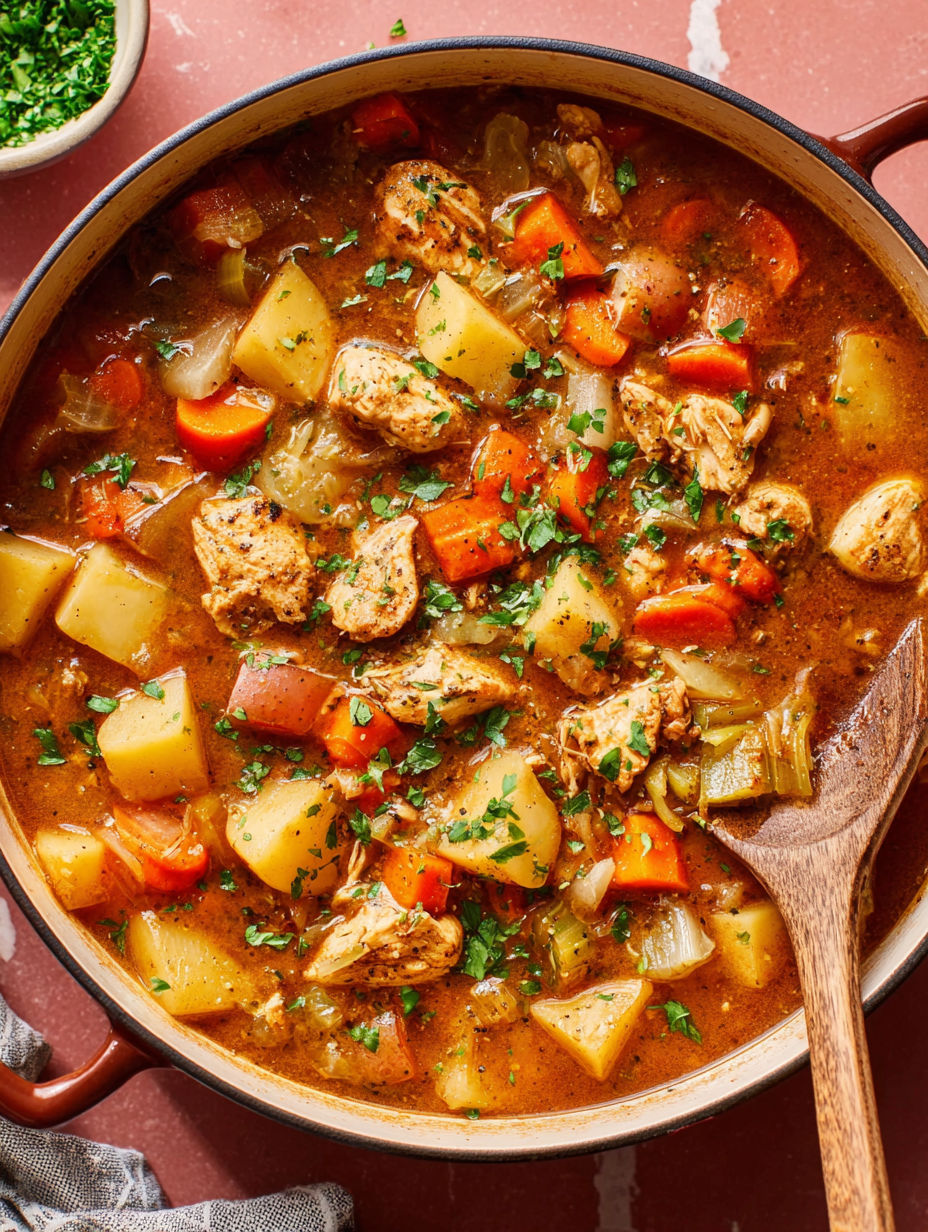 A bowl of chicken stew with carrots and potatoes.