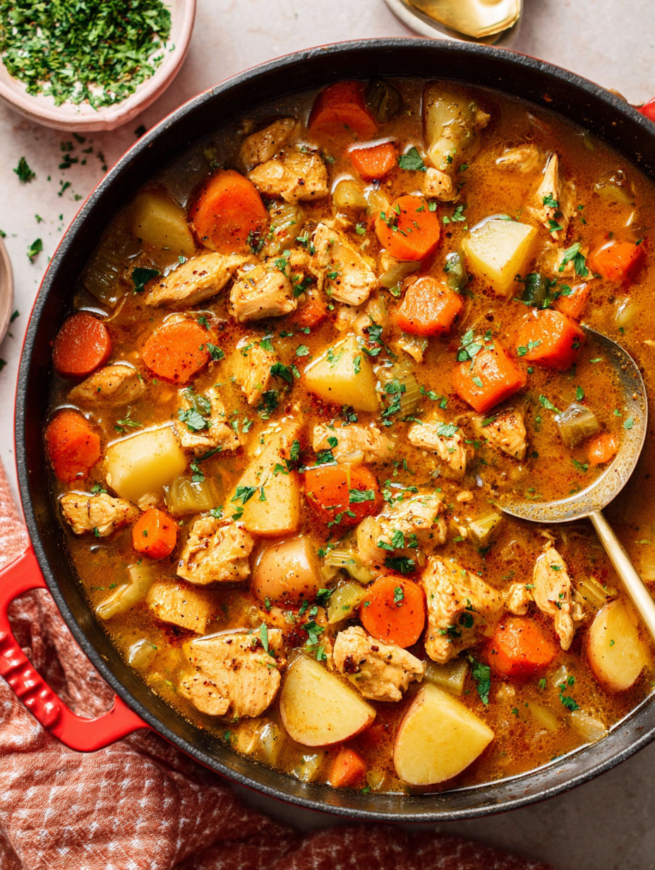 A pot of chicken stew with carrots and potatoes.
