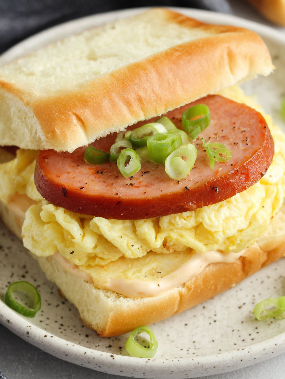 A breakfast sandwich with eggs, sausage, and onions.