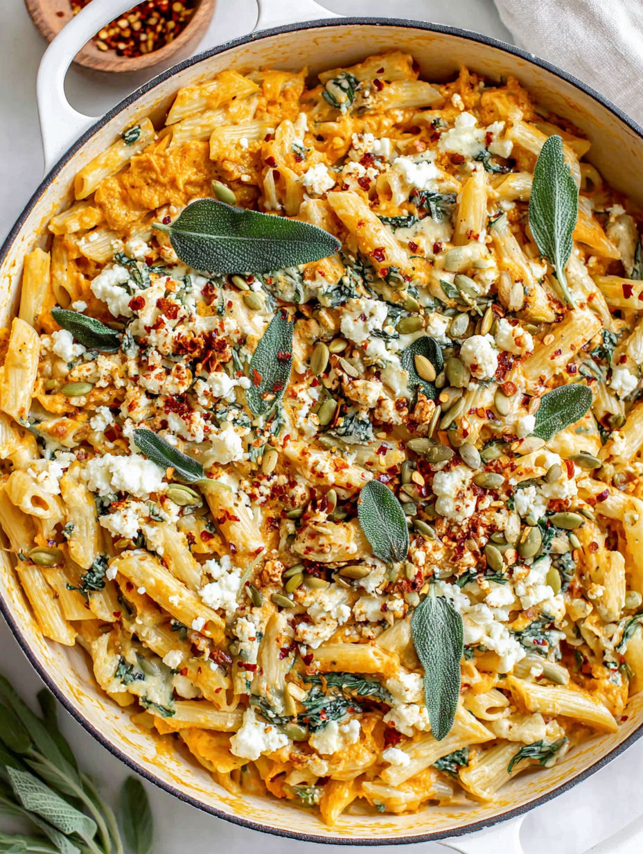 A bowl of pasta with pumpkin seeds and feta cheese.
