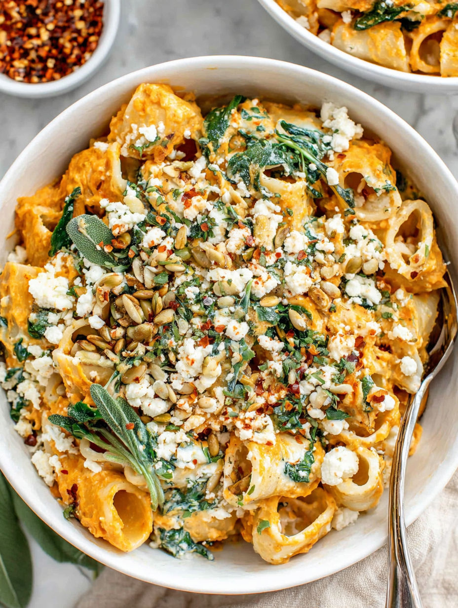 A bowl of pasta with pumpkin seeds and feta cheese.
