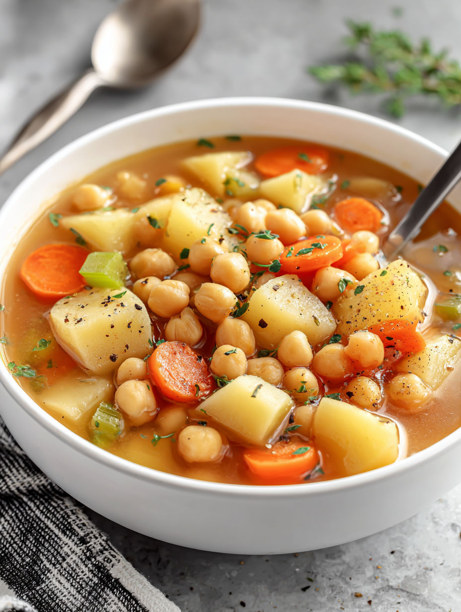 A bowl of soup with carrots and chickpeas.