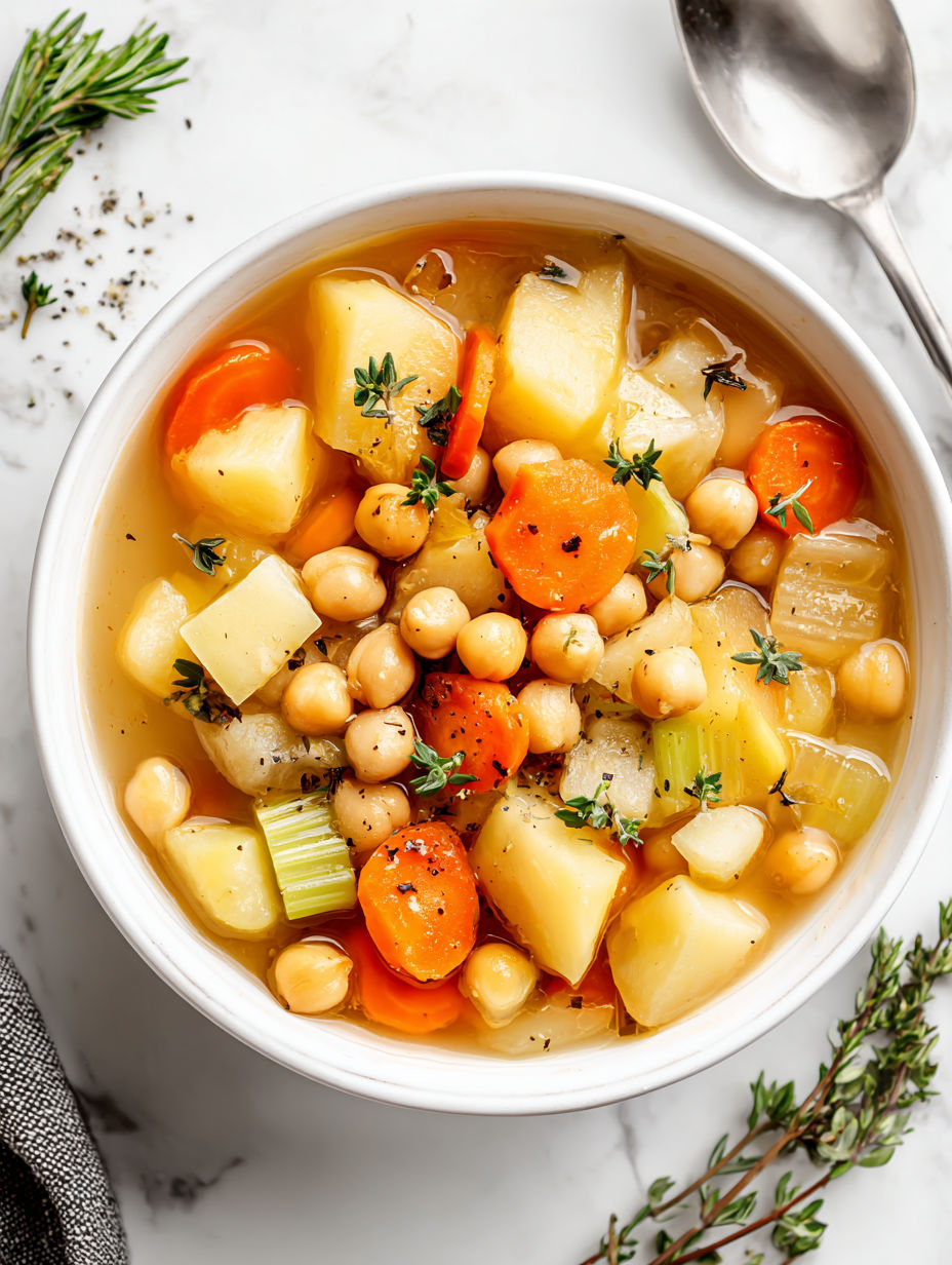 A bowl of soup with vegetables and chickpeas.