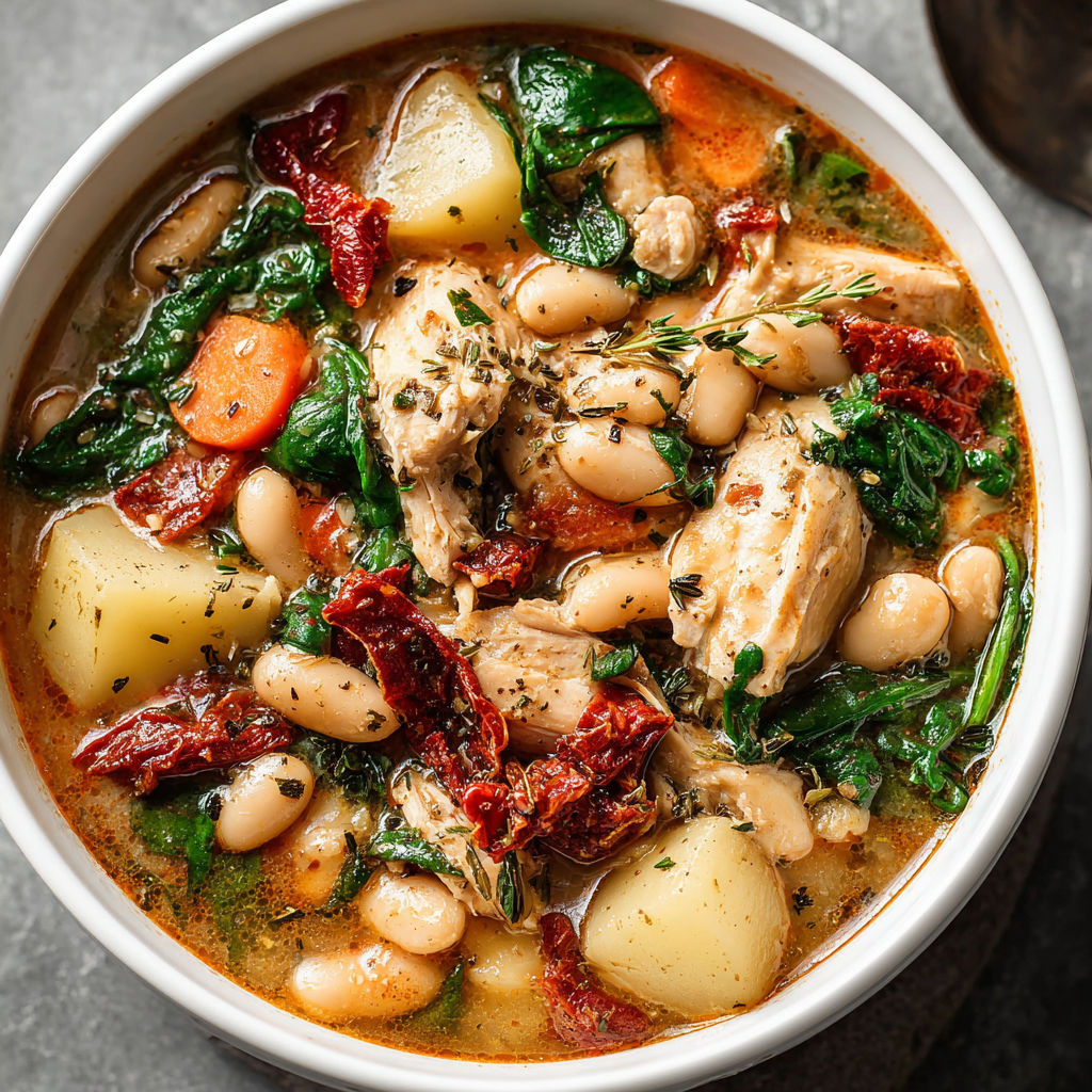 A bowl of soup with chicken, beans, and vegetables.