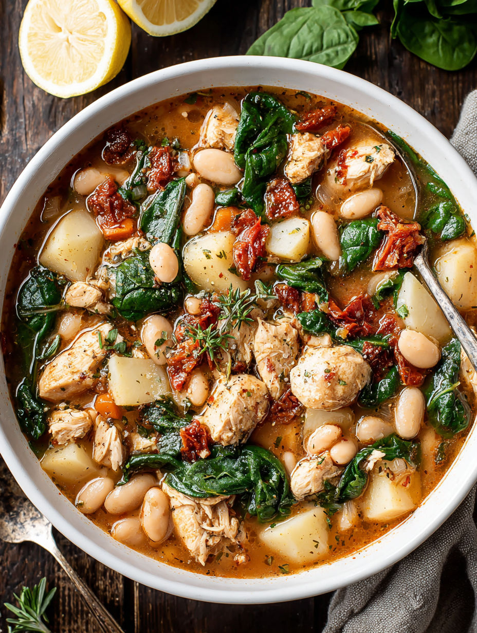 A bowl of Tuscan Crockpot Chicken and White Bean Stew.