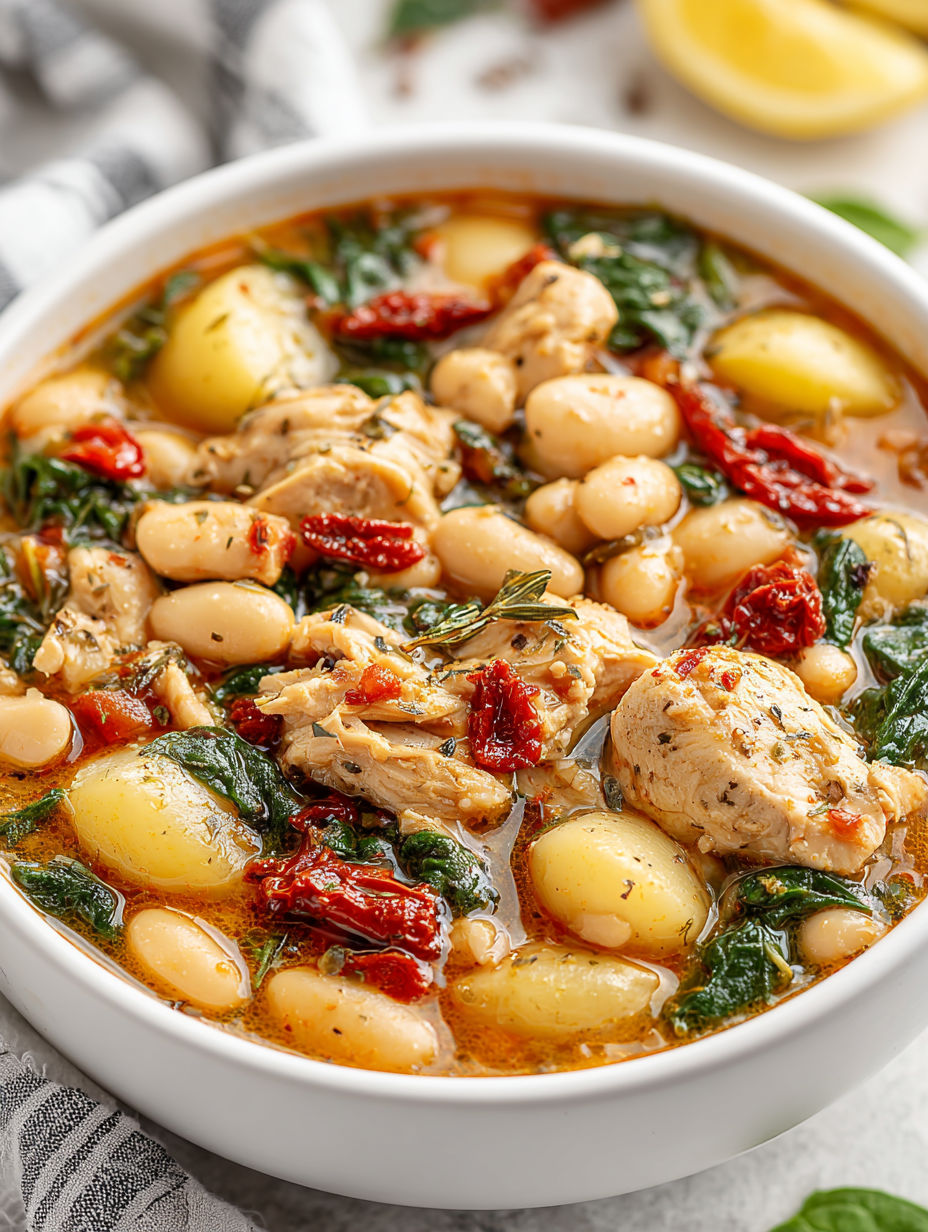 A bowl of chicken and white bean stew.
