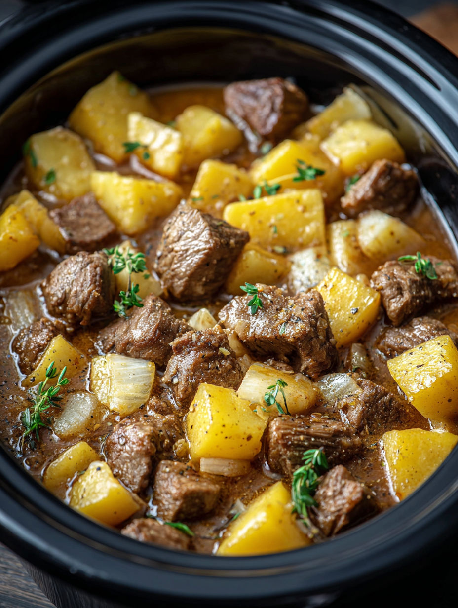 A slow cooker filled with beef and potatoes.