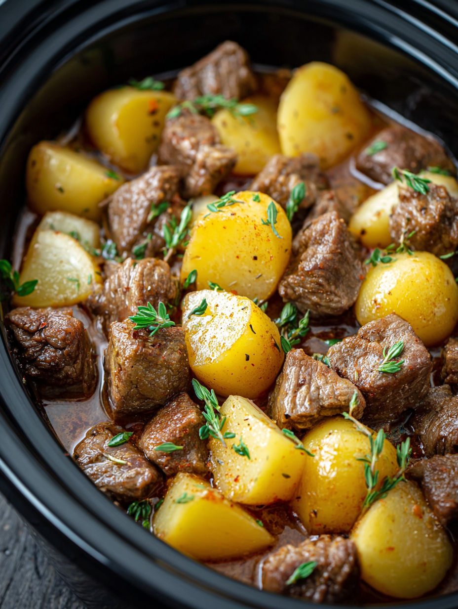 A slow cooker filled with beef and potatoes.