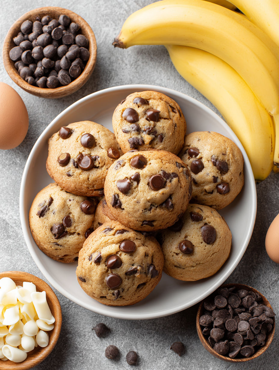 A plate of chocolate chip cookies sits next to a banana.
