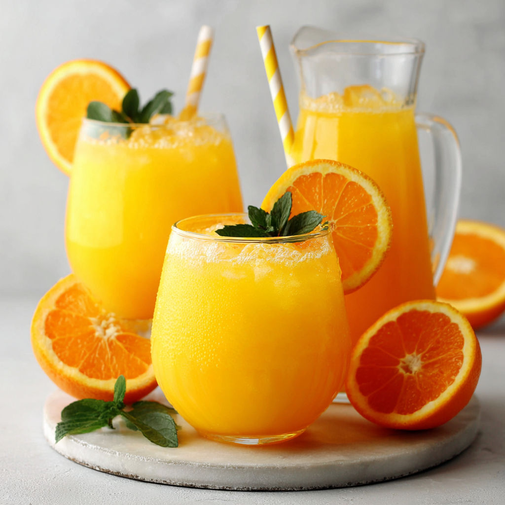 Two glasses of orange sherbet punch with orange slices on the side.