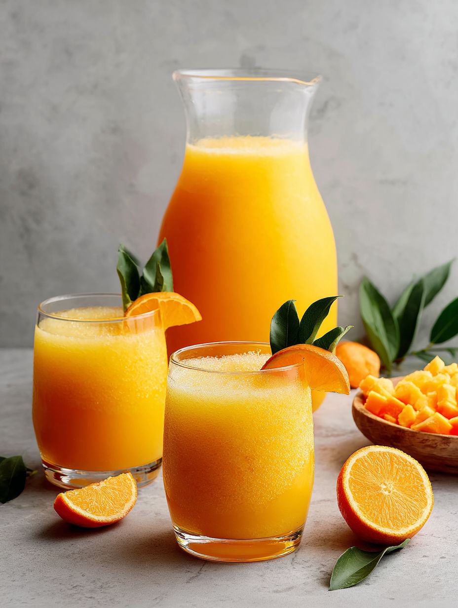 A glass of orange sherbet punch is poured into a glass.