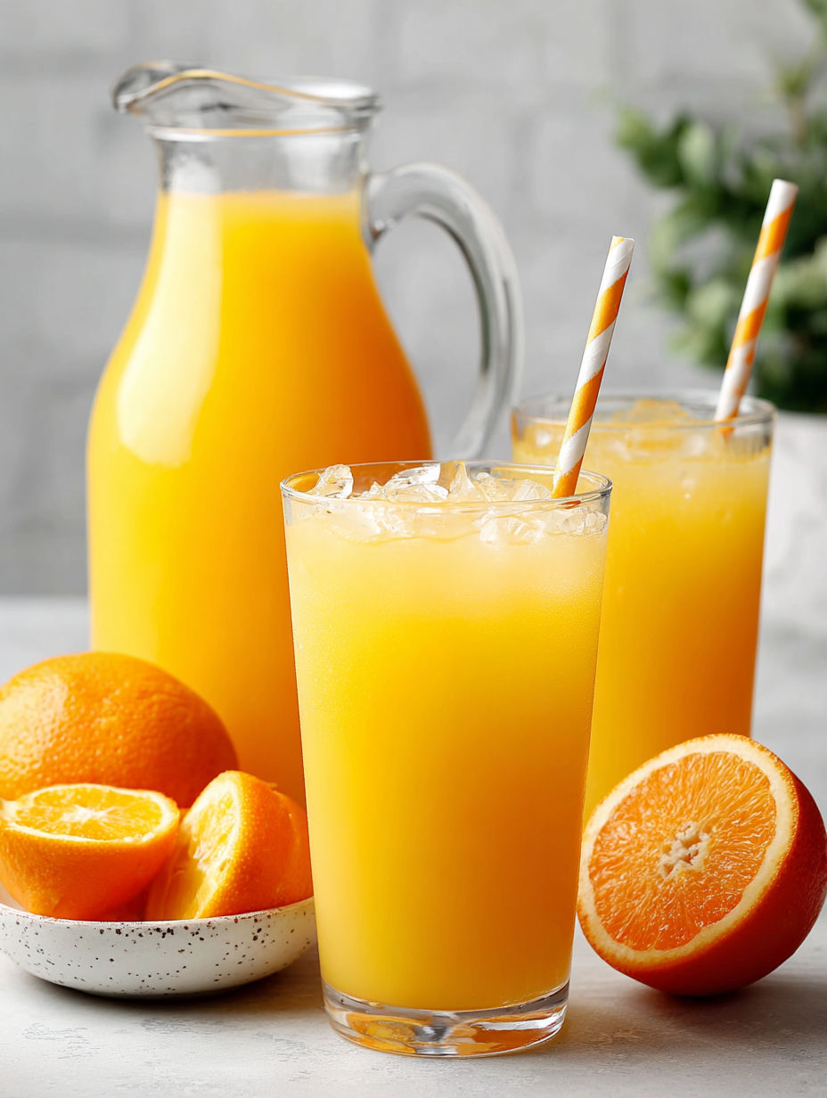 Two glasses of orange sherbet punch are on a table.