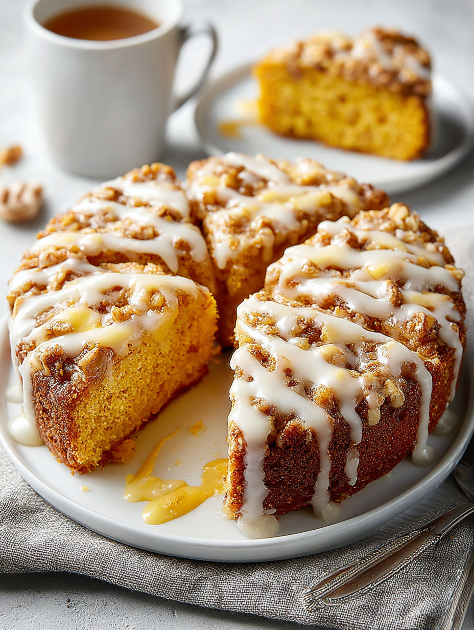 A slice of pumpkin breakfast cake with vanilla glaze.