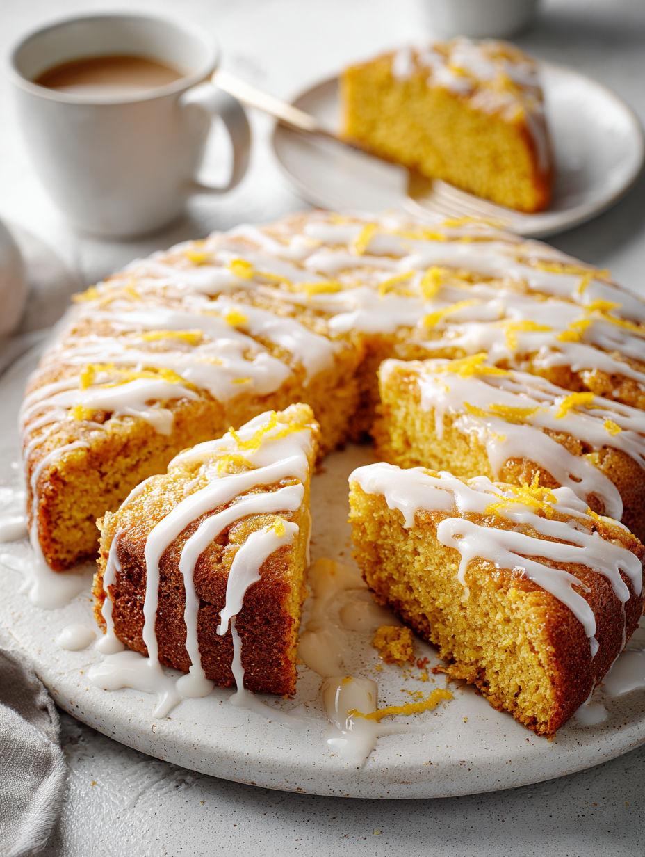 A slice of pumpkin breakfast cake with vanilla glaze.