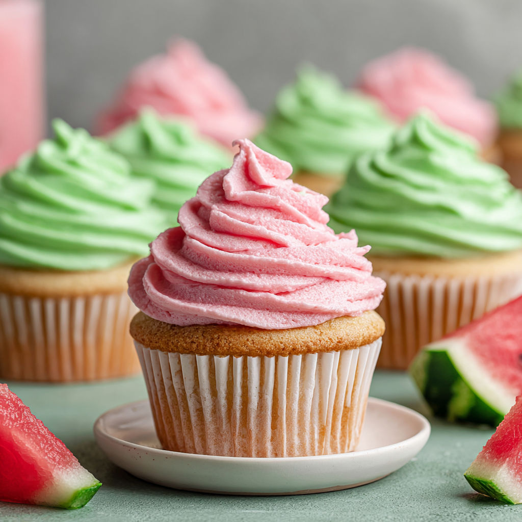 A cupcake with pink frosting and watermelon slices.