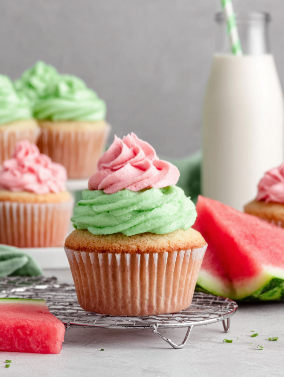 Fluffy watermelon cupcakes with green and pink frosting.
