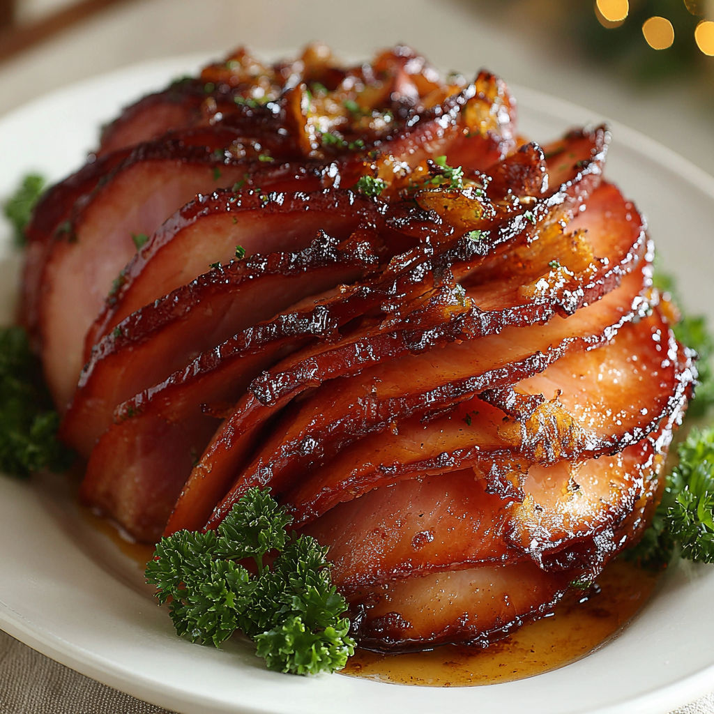 A glazed spiral ham on a plate.