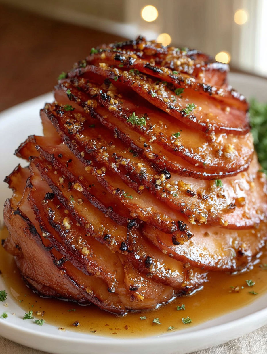 A close up of a glazed spiral ham.