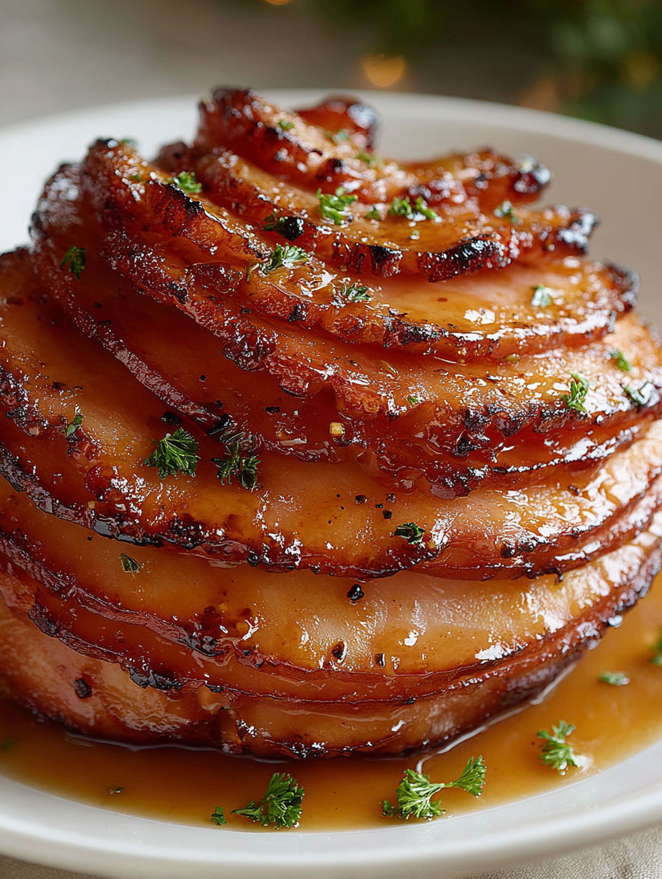 A stack of brown sugar glazed spiral ham.