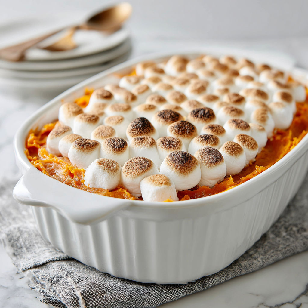 A white bowl filled with a sweet potato casserole.